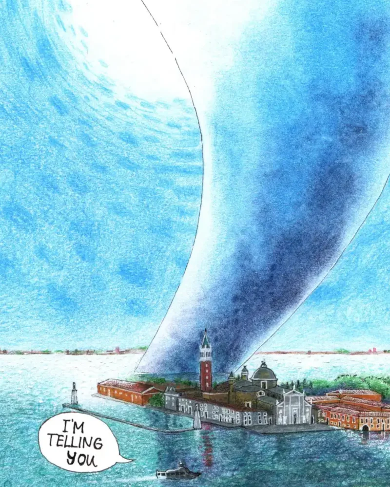 Comisc preview: a view over Venice with a weird object raising from the water