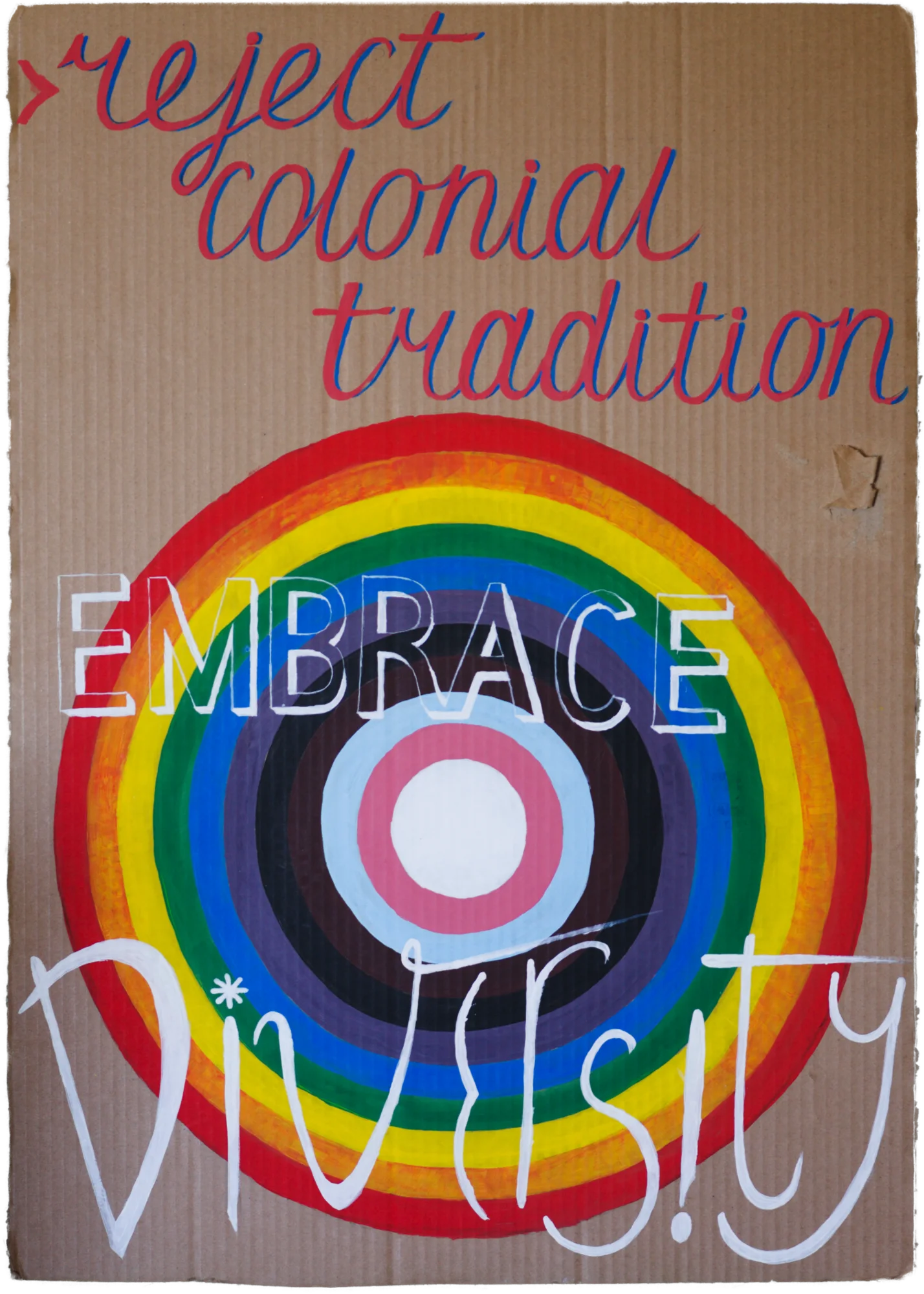 Reject colonial tradition embrace diversity inscription with the colors of the Progress Pride flag on the background