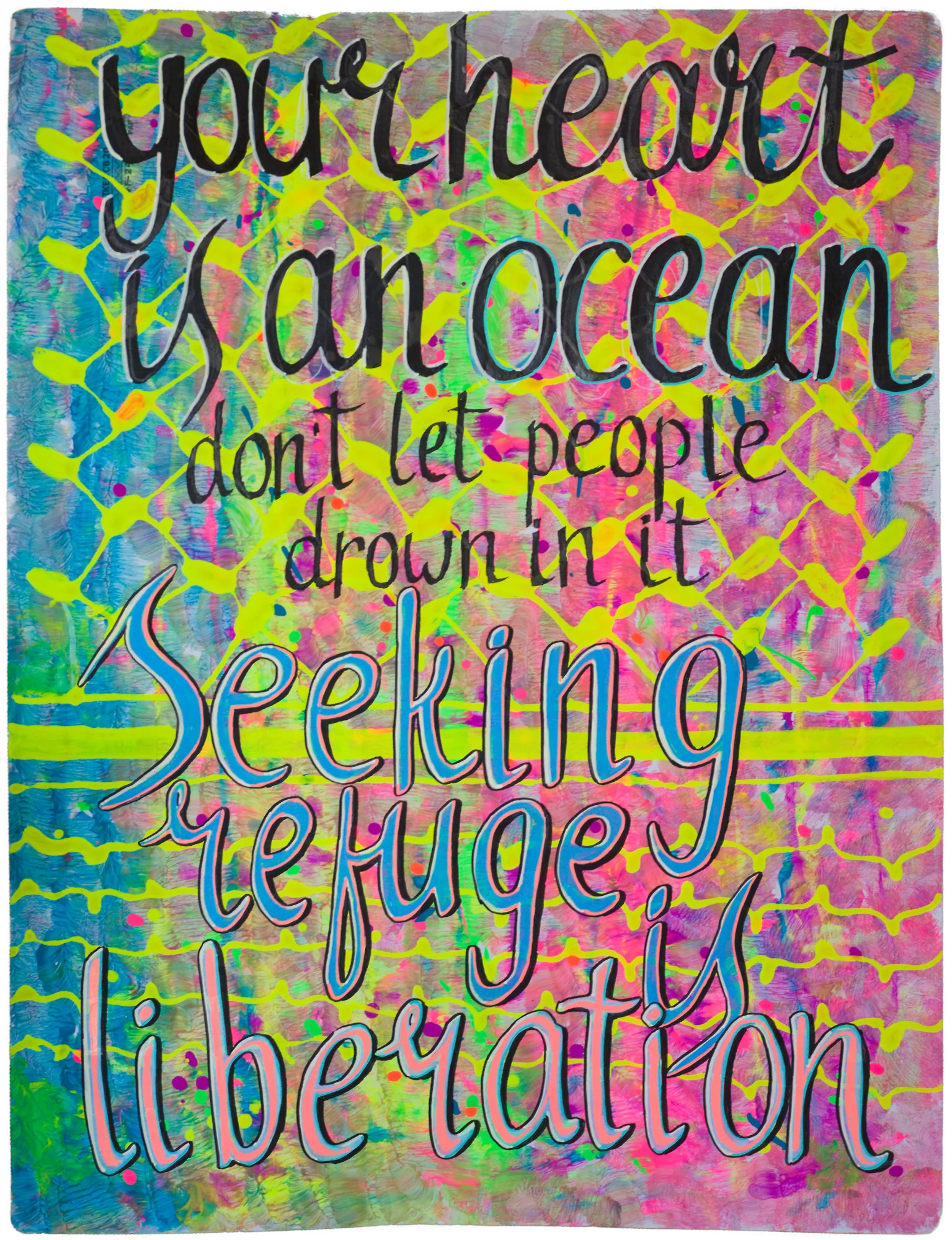 Your heart is an ocean, don't let people drown in it. Seeking refuge is liberation inscription with keffiyeh pattern on the background