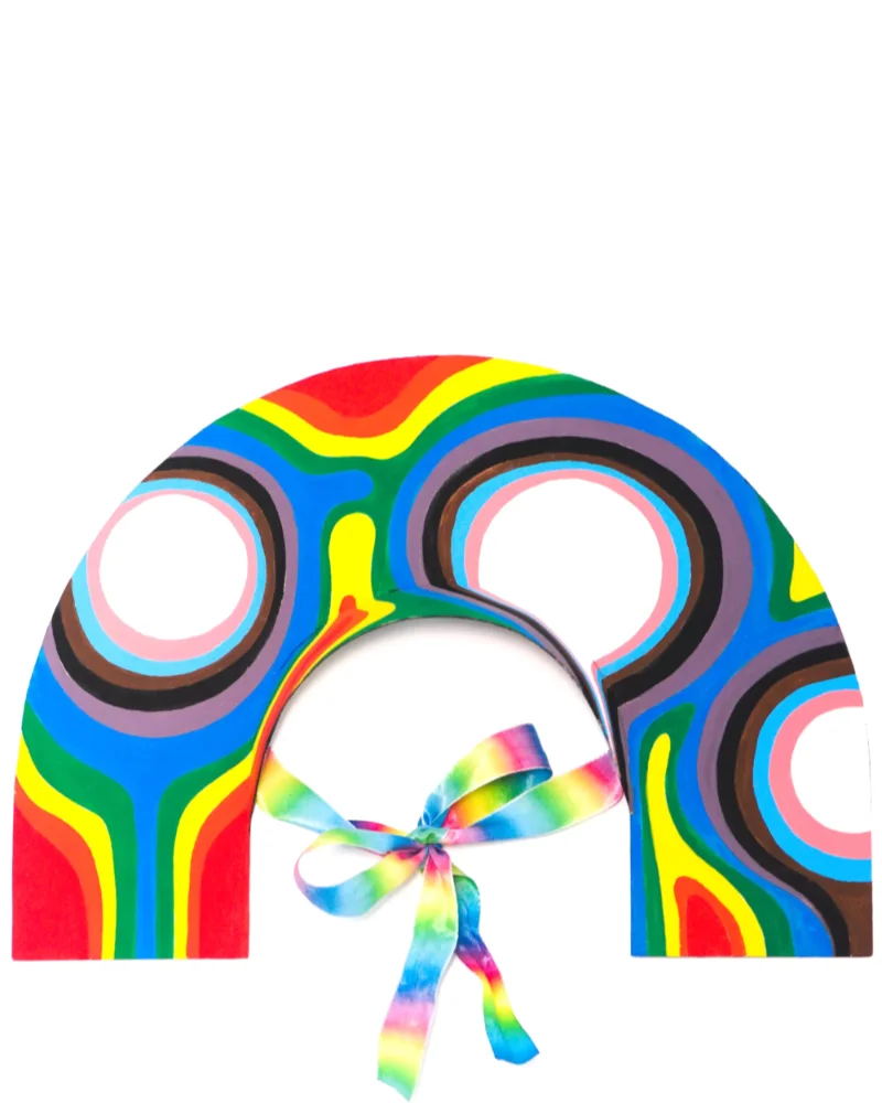 A kokoshnik painted in the colors of the Progress Pride flag